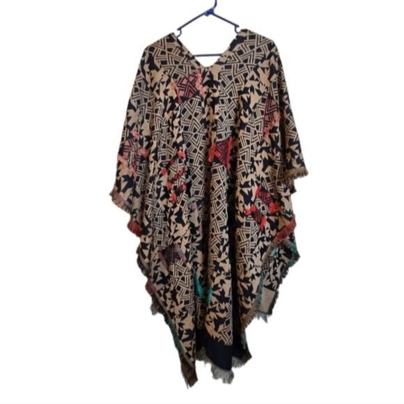 Bay Sky Poncho Abstract Print Fringe Open Front Cardigan Multicolor One Size - Picture 7 of 11